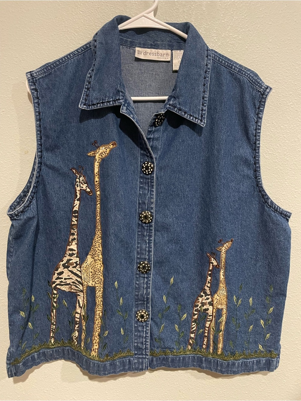 dressbarn Blue Denim Vest with Giraffe Embroidery